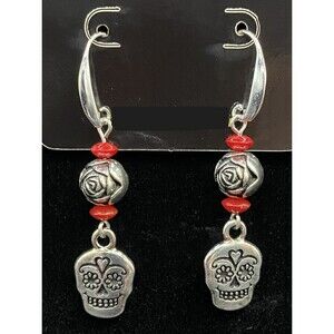 Handmade Sugar Skull & Rose with Red Bead Earrings by Neanie-Bot